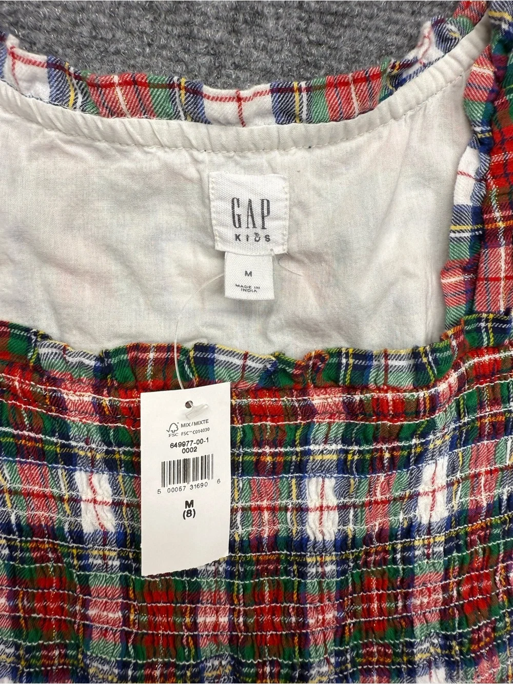 GAP Girls Medium (8) Red Green Plaid Smocked Long-Sleeve Holiday Dress NWT